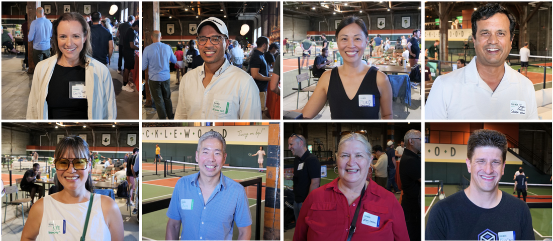 Top row from left: Emily Rapp, Henry Arias, Cleo Escarez, and Jagan Nemani. Bottom row from left: Kim Vu, Andy Liu, Mary Jesse, and Kenny Daniel, at the Seattle Tech Week kickoff. (GeekWire Photos / Todd Bishop)